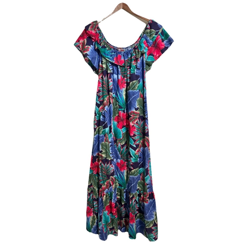 Hilo Hattie Floral Maxi Dress XL Blue Hibiscus Hawaiian Tiered Cotton Kaftan